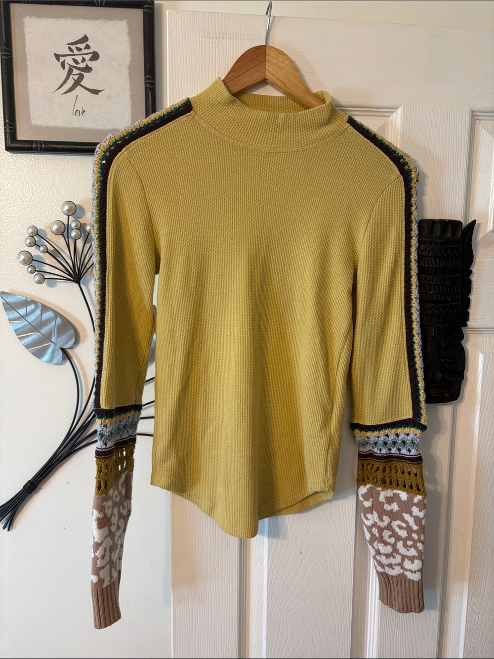 Free People Yellow Turtleneck Sweater with Multicolor Patterned Sleeves
